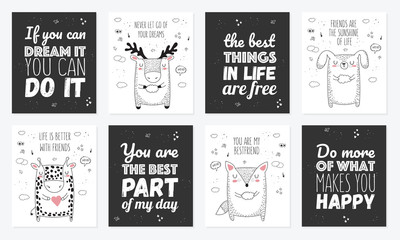 Vector set of postcards with animals and slogan about friend. Doodle illustrations with lettering.