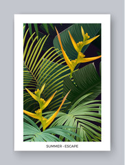 Bright summer vector tropical design with green banana and sabal palm leaves and yellow exotic flowers.
