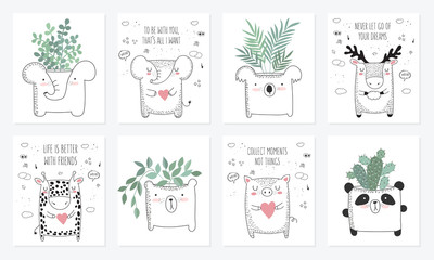 Vector set of postcards with animals and slogan about friend. Doodle illustration