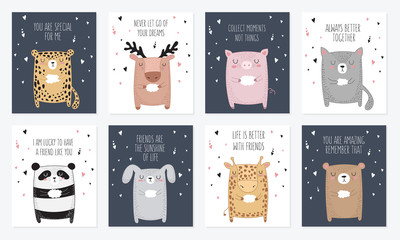Vector set of postcards with animals and slogan about friendship. Doodle illustration