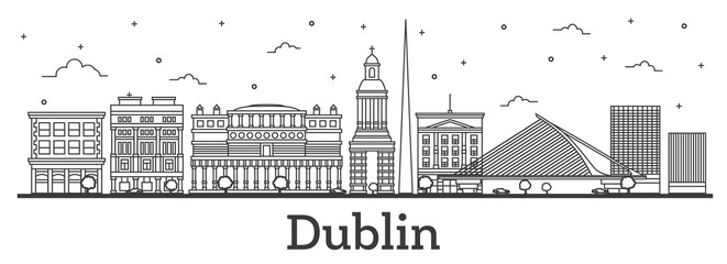 Obraz premium Outline Dublin Ireland City Skyline with Historic Buildings Isolated on White.