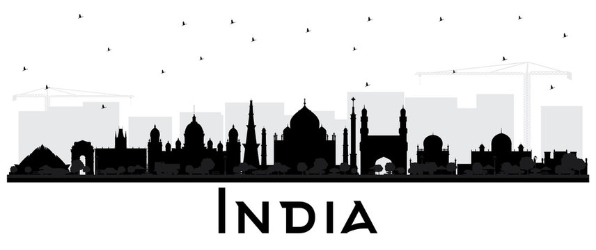India City Skyline Silhouette with Black Buildings Isolated on White.