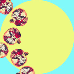 ripe red pomegranate on colored trendy background, summer healthy concept