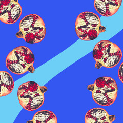 ripe red pomegranate on colored trendy background, summer healthy concept