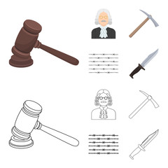 Judge, wooden hammer, barbed wire, pickaxe. Prison set collection icons in cartoon,outline style vector symbol stock illustration web.