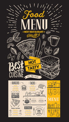 Food menu for restaurant. Vector food flyer for bar and cafe on blackboard Design template with vintage doodle hand-drawn illustrations.