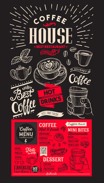 Coffee restaurant menu. Vector drink flyer for bar and cafe. Red template with vintage hand-drawn food illustrations.