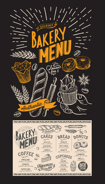 Dessert menu for restaurant. Bakery template with food hand-drawn graphic illustrations. Vector flyer for bar and cafe.