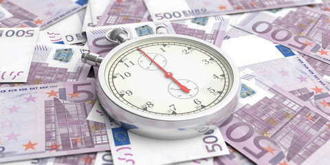 Stopwatch, timer on euro banknotes background. 3d illustration