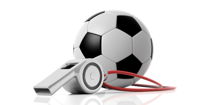 Coach whistle and soccer football ball isolated on white background. 3d illustration