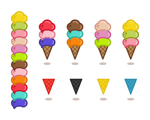 Set of simple icons for gelato cafe isolated on white background. Constructor for make different flavors and cones.