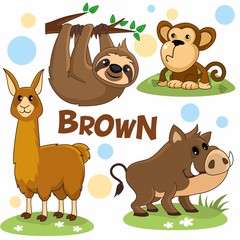 Set of cartoon brown illustrations with wild animals for children and design, image of a wild boar, pig, llama, sloth, monkey, chimpanzee.