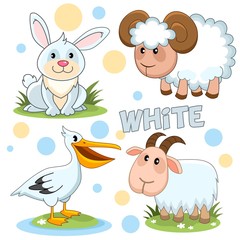 Set of cartoon white illustrations with wild animals and pets and birds for children and design, image of a hare, rabbit, sheep, goat and pelican.