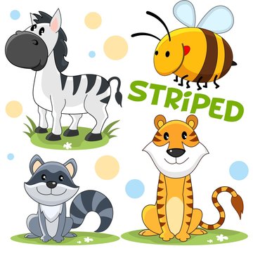A set of cartoon striped illustrations with wild animals for children and design, an image of a zebra, a bumblebee, a bee, a raccoon and a striped griffon.