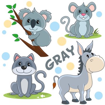 Set of cartoon gray illustrations with wild animals and pets for children and design, image of a bear, koala, cat, mouse, donkey.