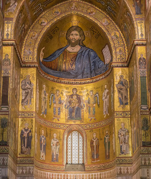 Interior of cathedral Santa Maria Nuova is famous for its Byzantine mosaics. Above main altar is a mosaic depicting Christ Pantokrator 