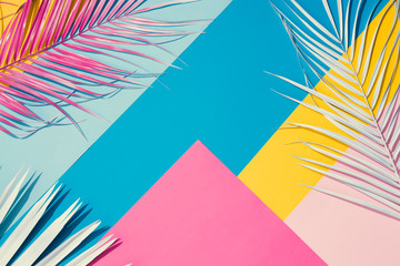 Tropical bright colorful background with exotic painted tropical palm leaves. Minimal fashion summer concept. Flat lay. - obrazy, fototapety, plakaty