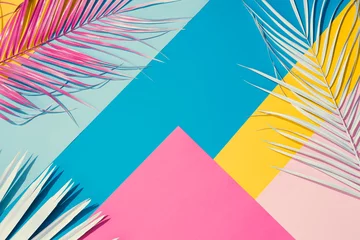 Gardinen Tropical bright colorful background with exotic painted tropical palm leaves. Minimal fashion summer concept. Flat lay. © Zamurovic Brothers