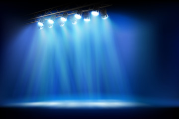 Stage illuminated by spotlights. Empty place for exposition. Vector illustration.