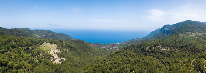 Aerial: Mountain landscape of the west coast of Mallorca