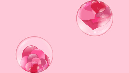 hearts lie inside a transparent glass bowl and a bubble flies with hearts inside on pink background