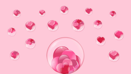 hearts lie inside a transparent glass sphere, around fly bubbles with hearts inside on pink background