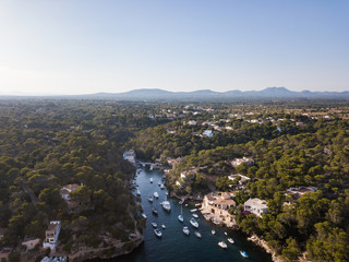 Aerial: The bay of Cala Figuera in Mallorca, Spain