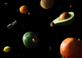 Space or planets universe cosmic abstract background. Abstract fruit background. Creative space. Summer food concept.