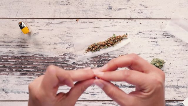 Female hands preparing filter for marijuana joint.
