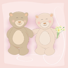 Couple Teddy Bear hloding cosmos flower Greeting card on pink background