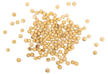 Organic raw soybeans, isolated on white background, top view