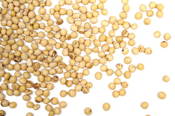 Organic raw soybeans, isolated on white background, top view