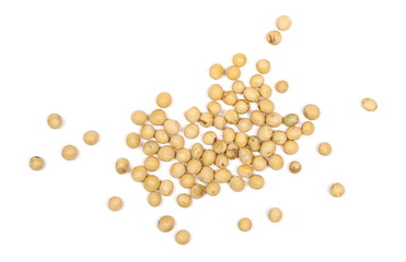 Organic raw soybeans, isolated on white background, top view
