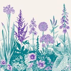 Seamless border. Vector vintage illustration. Emerald and violet color - obrazy, fototapety, plakaty