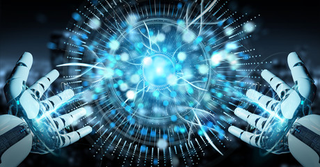 White cyborg hand using digital eye surveillance hologram 3D rendering