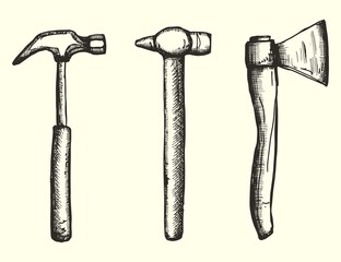 tools hammers and ax set drawing a handmade monochrome vector. isolated on white background