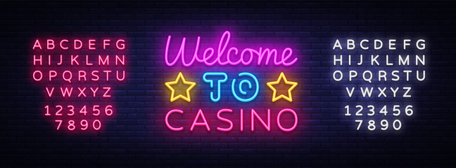 Welcome to Casino sign vector design template. Casino neon logo, light banner design element colorful modern design trend, night bright advertising, bright sign. Vector. Editing text neon sign © Ivan