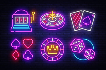 Casino neon collection vector icons. Casino Emblems and Labels, Bright Neon Sign, Slot Machine, Roulette, Poker, Dice Game. Vector illustration © Ivan
