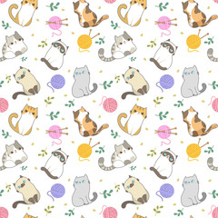 Vector illustration, Cats seamless pattern, Different type of cute cartoon cat on white background . It can be print and used as wallpaper, packaging, wrapping paper, fabric and etc.
