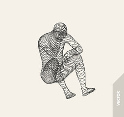 Artificial intelligence. Technology and engineering concept. 3d model of man. Vector illustration. Wire connection to virtual reality.