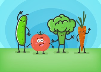 Cartoon vegetables. Smiling cute characters: cucumber, tomato, broccoli and carrots. Funny food concept. Vector illustration.