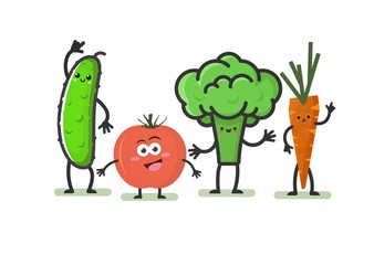 Cartoon vegetables. Smiling cute characters: cucumber, tomato, broccoli and carrots  isolated on white background. Funny food concept. Vector illustration.