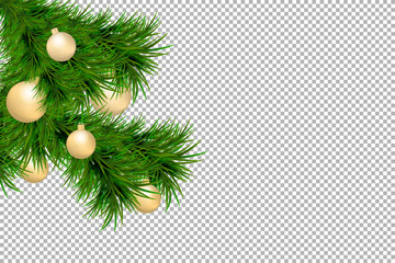 Merry Christmas and Happy New Year background with fir branches and christmas balls isolated on transparent background. Modern design. Universal background for poster, banners, flyers, card.