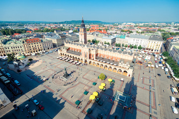 Beautiful historical square of the city of Krakow on top of the market square and the city