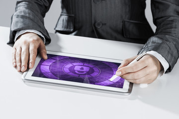 Internet security concept with woman working on media screen wit