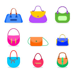Womans hand bag set in flat style