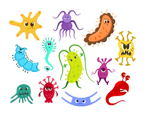 Cartoon funny microbe, germ and bacteria set. Cute monster character collection