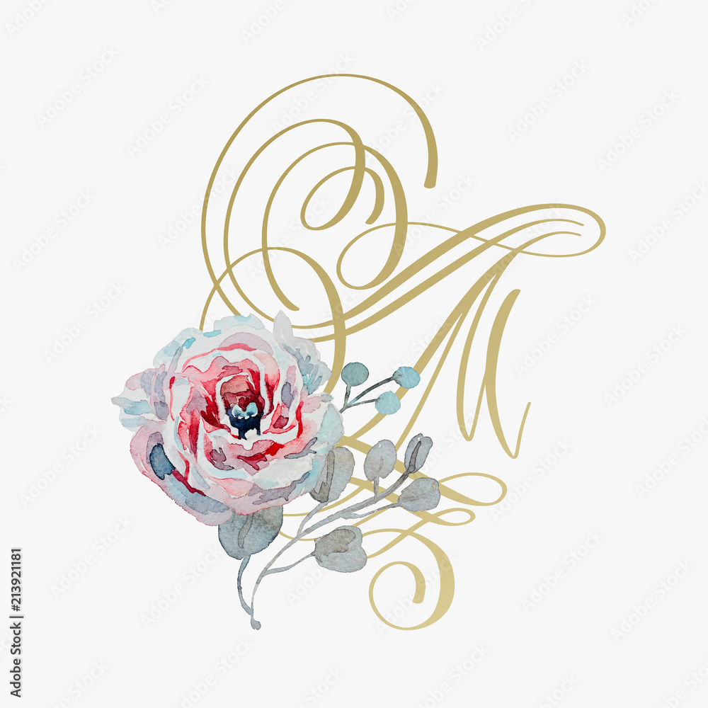 Sticker golden hand lettering font with handmade rose flower