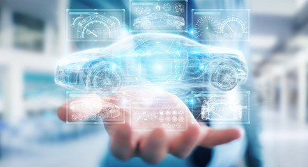 Businessman using modern smart car interface 3D rendering
