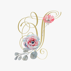 golden hand lettering font with handmade rose flower